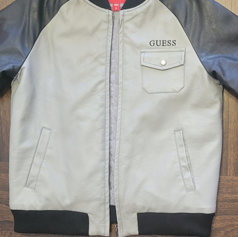 Brand: Guess Faux Leather Boy's Bomber Jacket Size: 8  Colors: Grey & Black